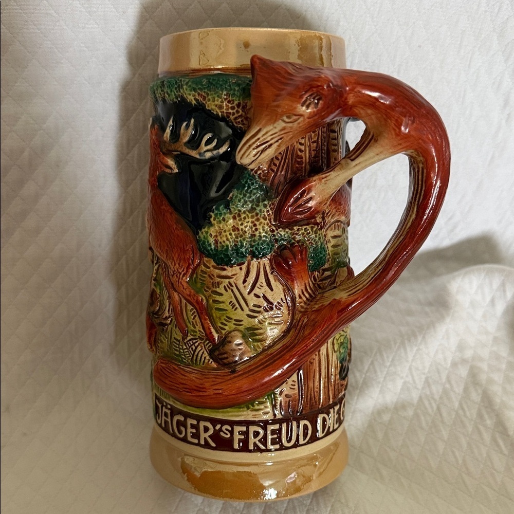 Vintage Original KING German Beer Stein #949 - Fox Handle Hunting Scene - 0.5L